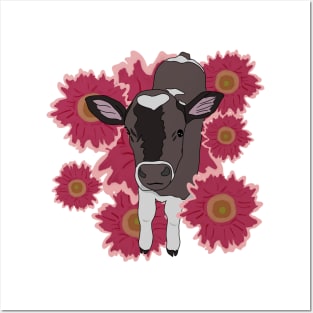 Baby cow with Red flowers Posters and Art